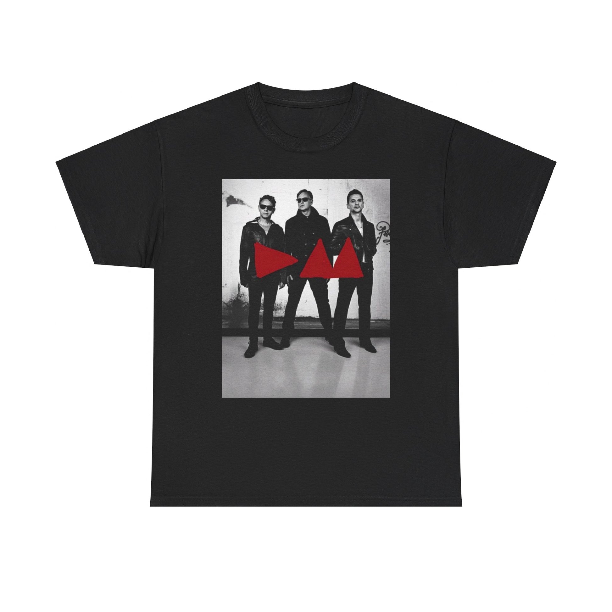 A black graphic t-shirt featuring a photo portrait of the synth-pop band Depeche Mode.
