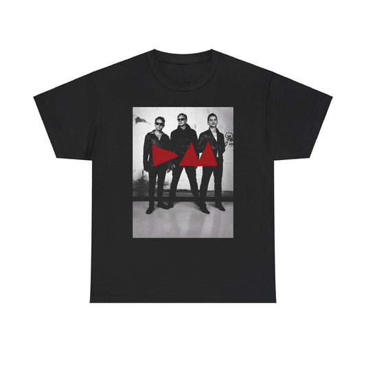 A black graphic t-shirt featuring a photo portrait of the synth-pop band Depeche Mode.