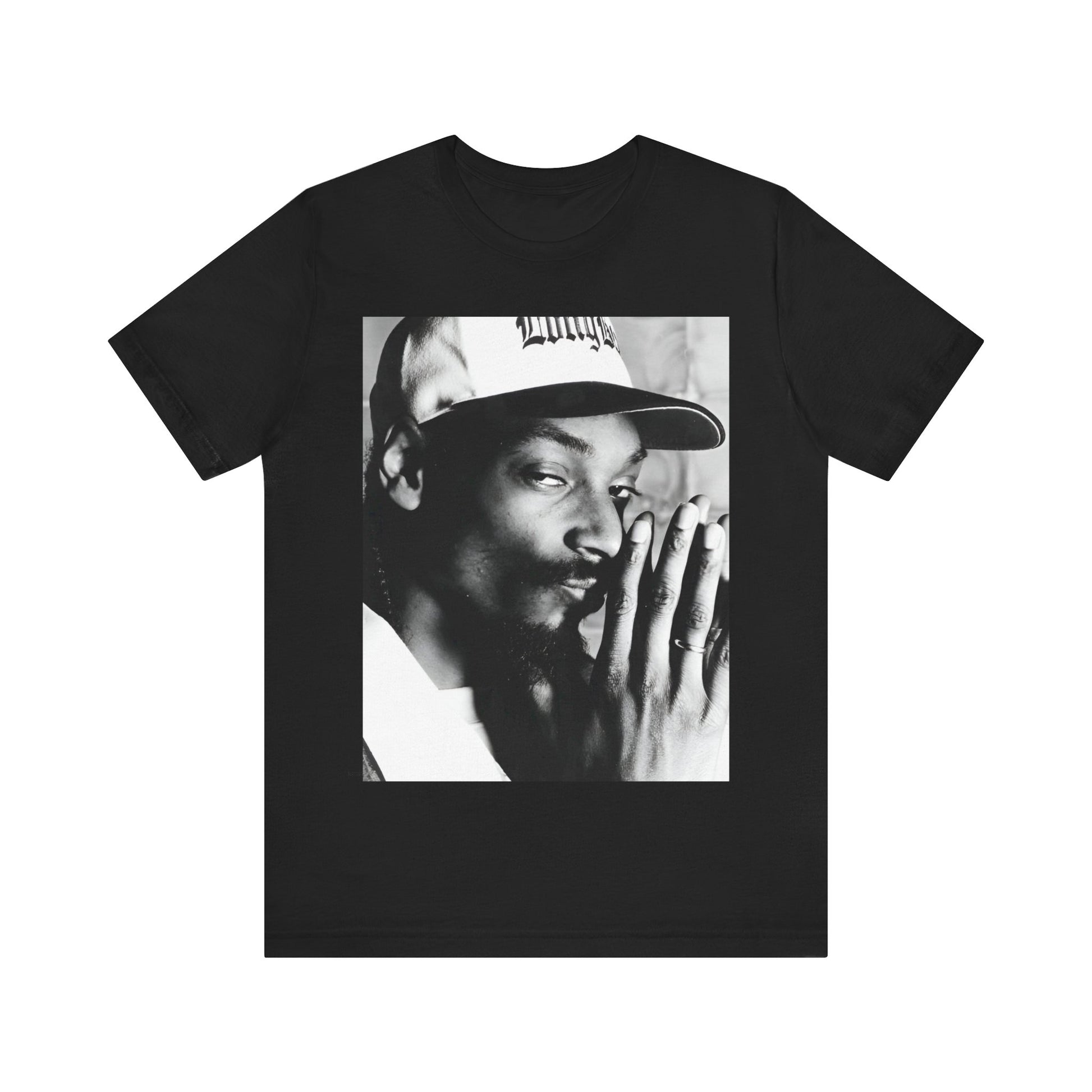 A black graphic t-shirt featuring a cool black and white graphic or photo of Snoop Dogg as a rapper.