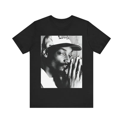 A black graphic t-shirt featuring a cool black and white graphic or photo of Snoop Dogg as a rapper.