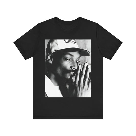 A black graphic t-shirt featuring a cool black and white graphic or photo of Snoop Dogg as a rapper.