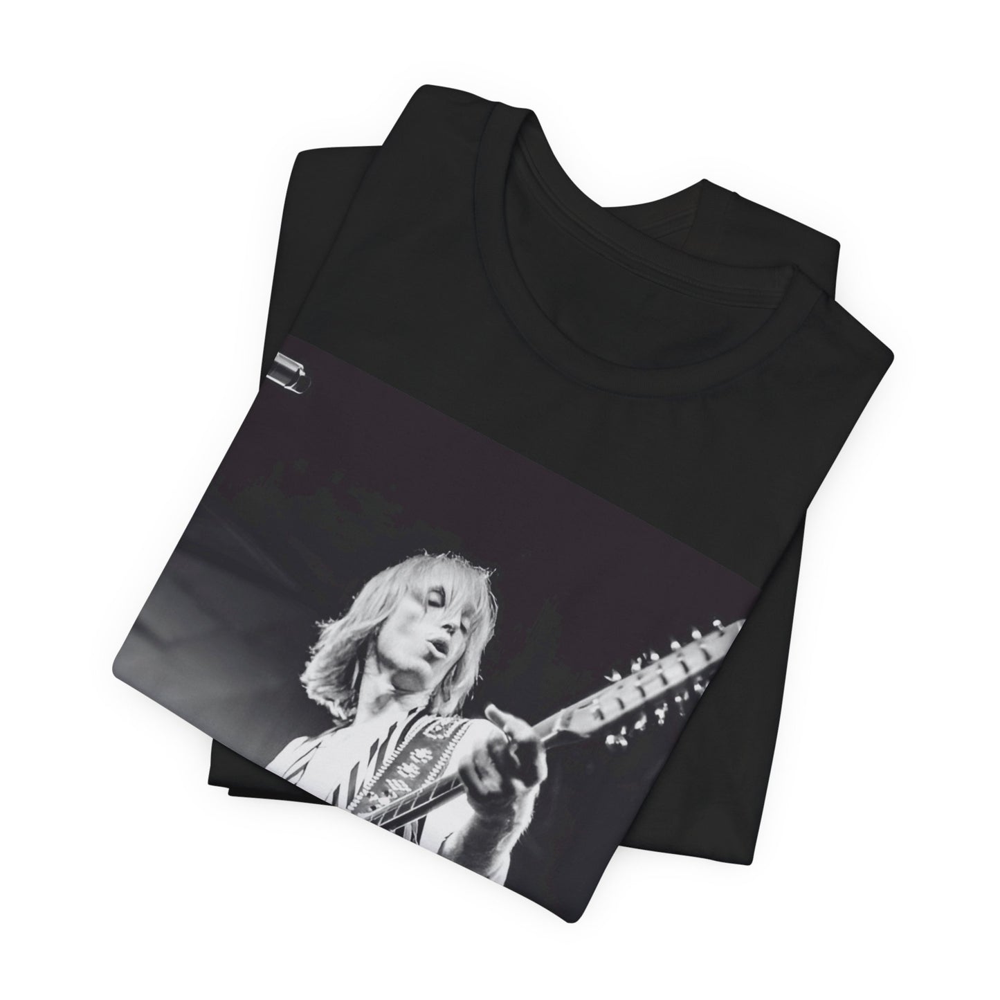 A black graphic t-shirt featuring a graphic of Tom Petty as a Rock & Roll Hall of Fame icon.