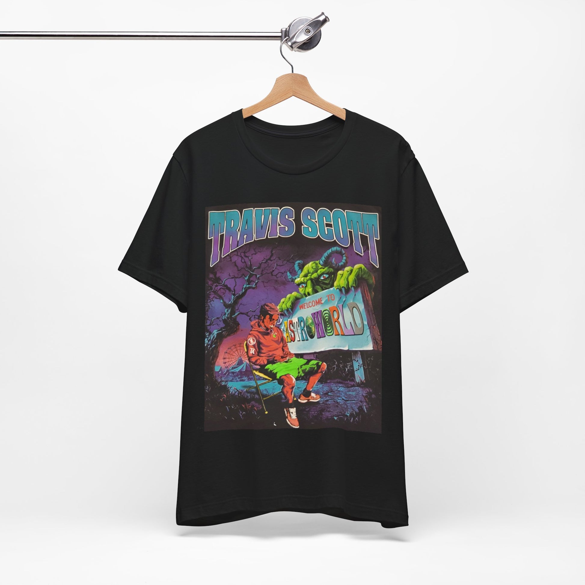 A black graphic t-shirt featuring a vintage graphic related to Travis Scott's Astroworld album.