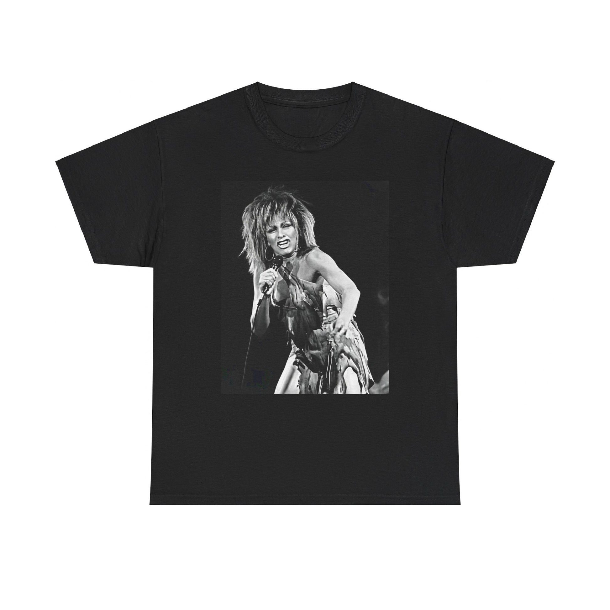 A black graphic t-shirt featuring a graphic of Tina Turner as an inspiring legend.