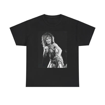 A black graphic t-shirt featuring a graphic of Tina Turner as an inspiring legend.