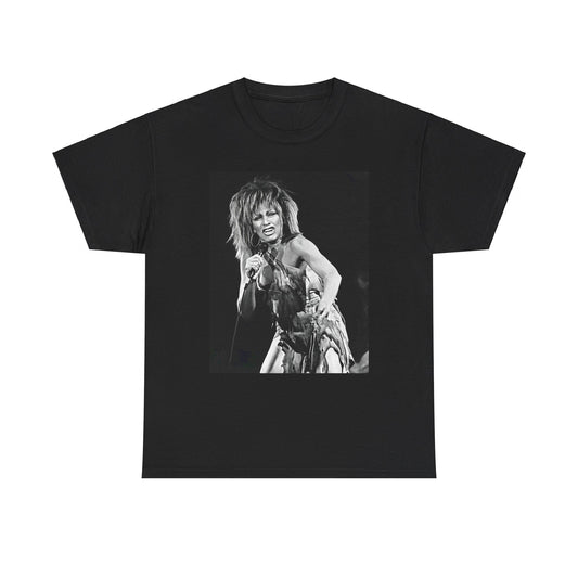 A black graphic t-shirt featuring a graphic of Tina Turner as an inspiring legend.