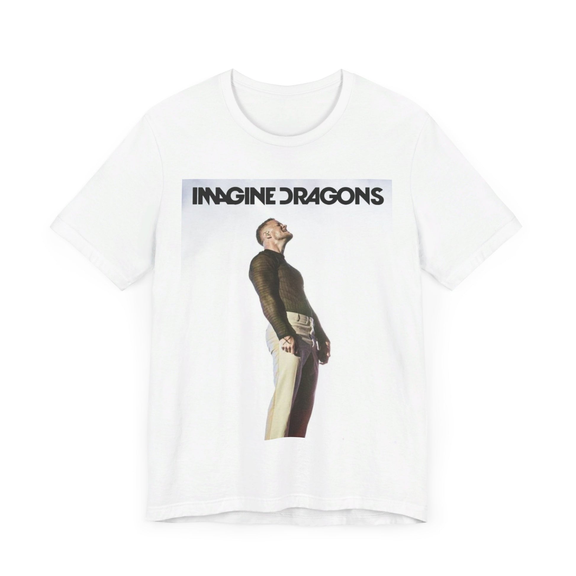 A black graphic t-shirt featuring a graphic related to Imagine Dragons' 'Believer' song or era.