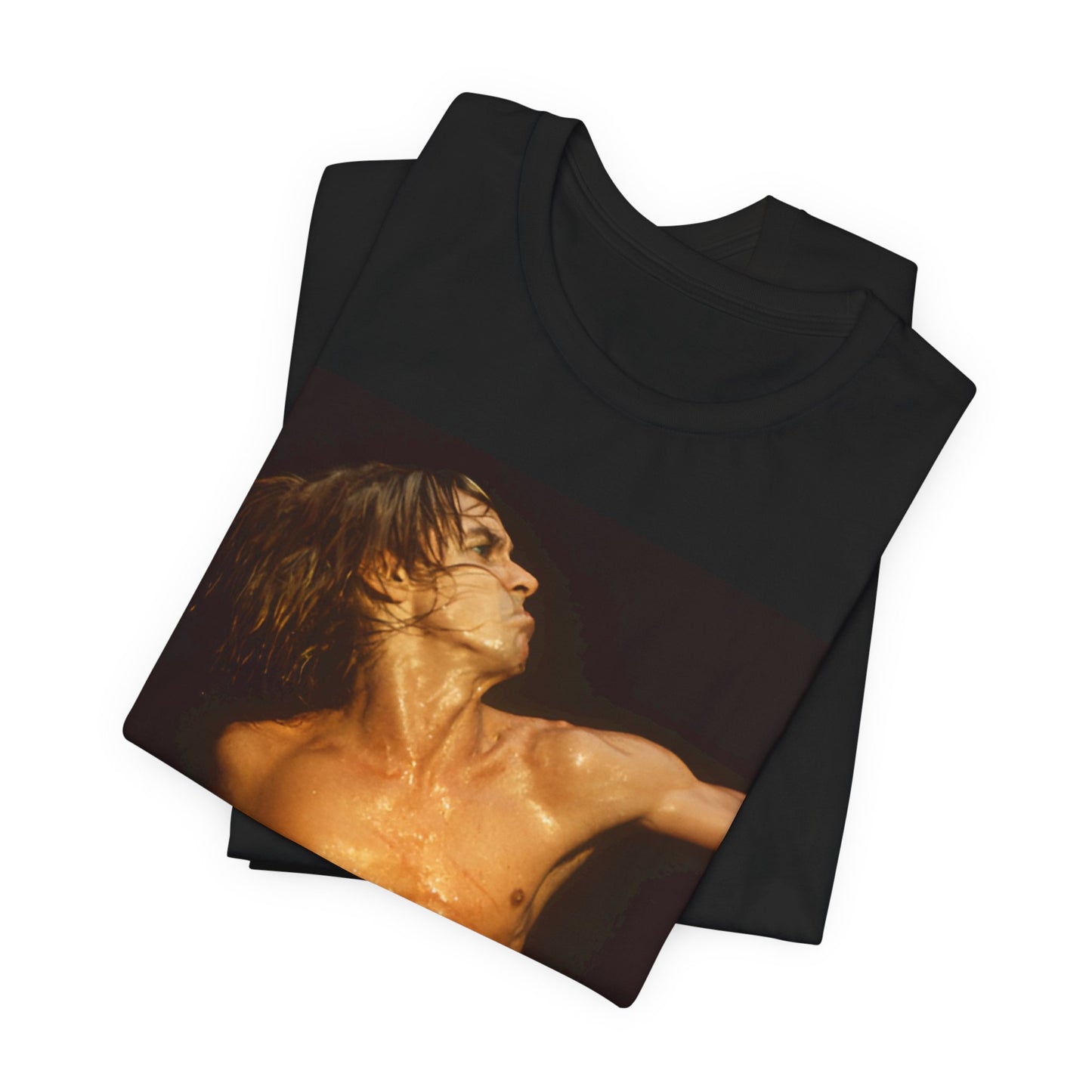 A black graphic t-shirt featuring an iconic photo of Iggy Pop performing live on stage.