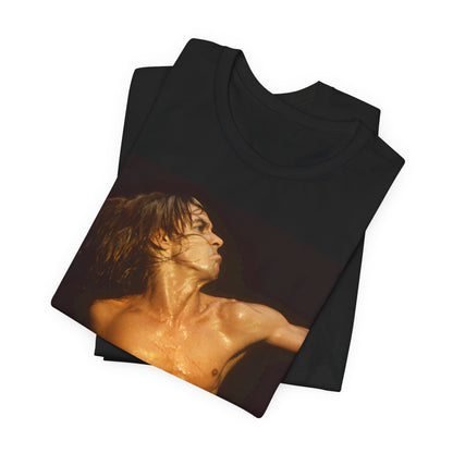 A black graphic t-shirt featuring an iconic photo of Iggy Pop performing live on stage.