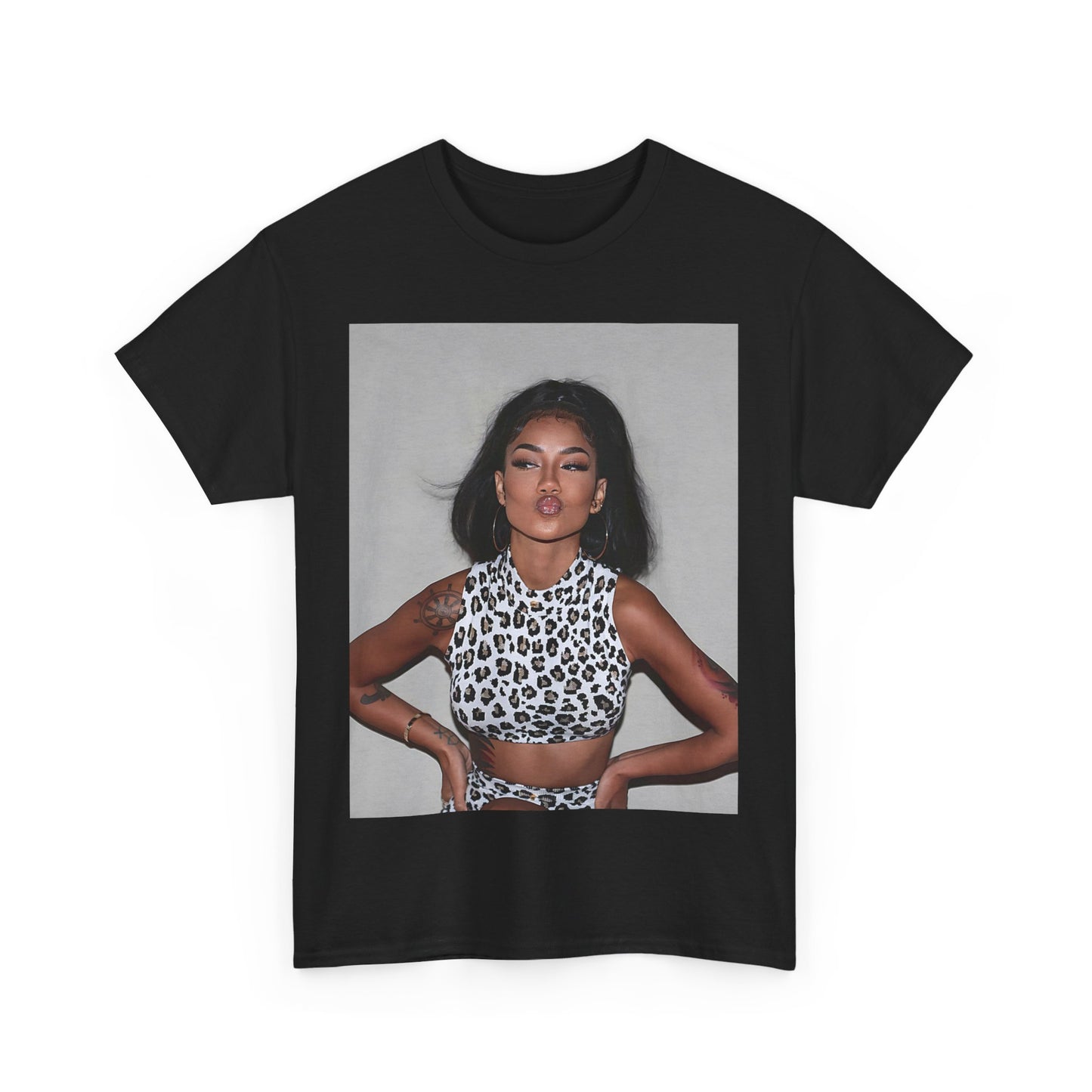 A black graphic t-shirt featuring a glamorous photo portrait of Jhene Aiko.