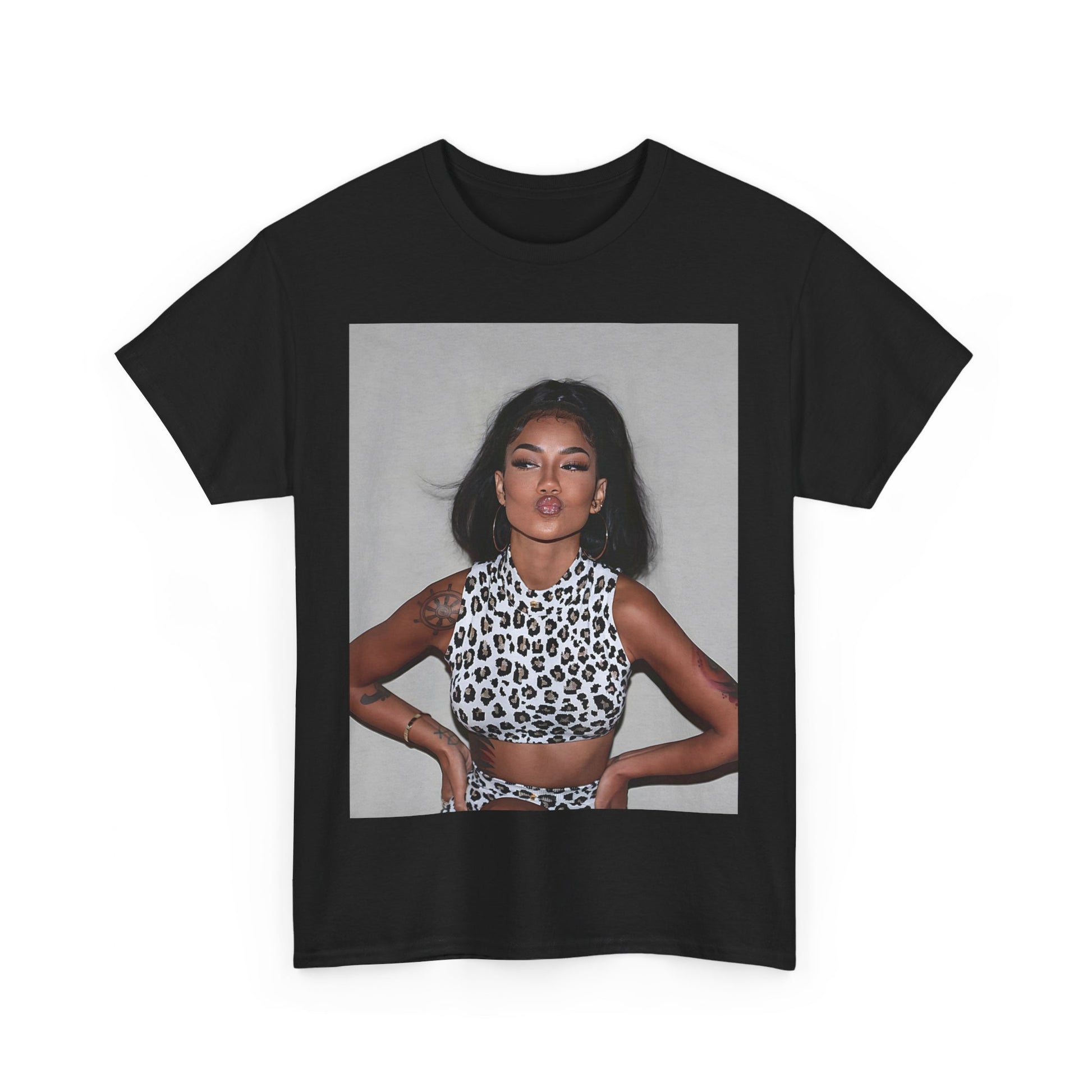 A black graphic t-shirt featuring a glamorous photo portrait of Jhene Aiko.