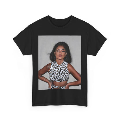 A black graphic t-shirt featuring a glamorous photo portrait of Jhene Aiko.