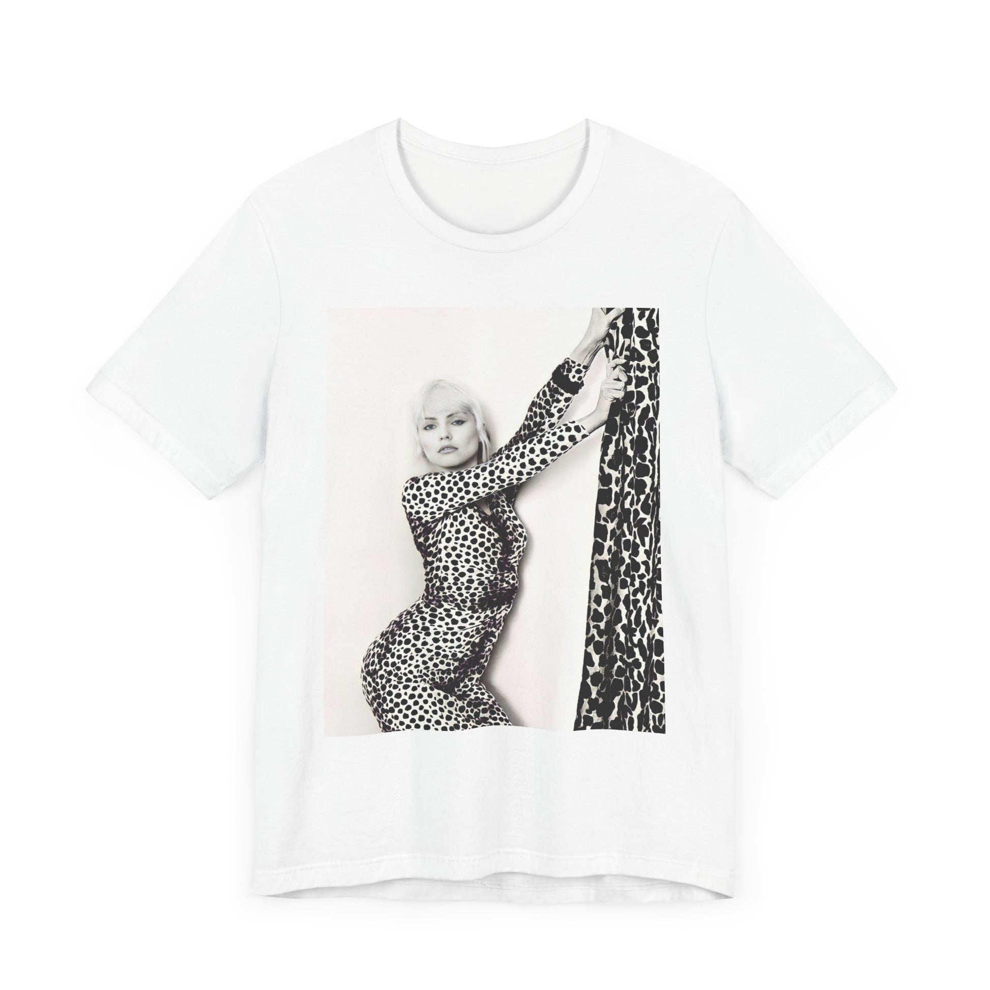 A black graphic t-shirt featuring a black and white, wild-style graphic of Blondie, emphasizing their untamed spirit.