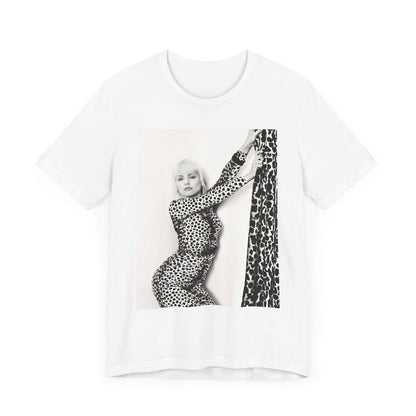 A black graphic t-shirt featuring a black and white, wild-style graphic of Blondie, emphasizing their untamed spirit.