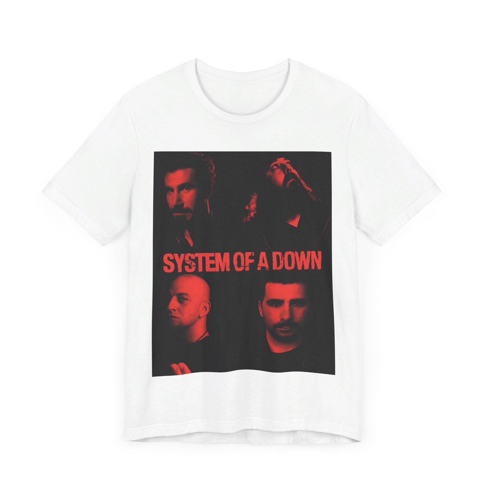 A black graphic t-shirt featuring a modern metal essential graphic of System of a Down.