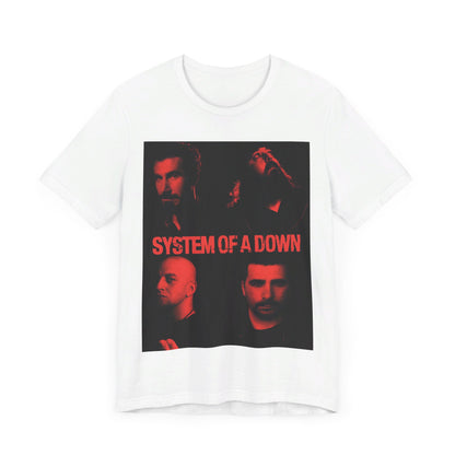 A black graphic t-shirt featuring a modern metal essential graphic of System of a Down.