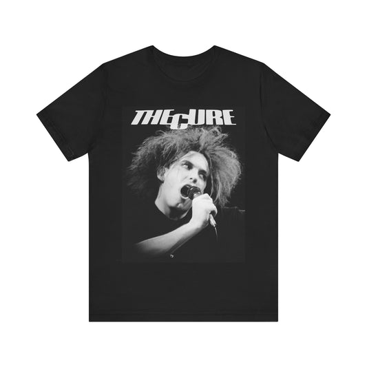 A black graphic t-shirt featuring a graphic of The Cure with a dark romanticism core aesthetic.