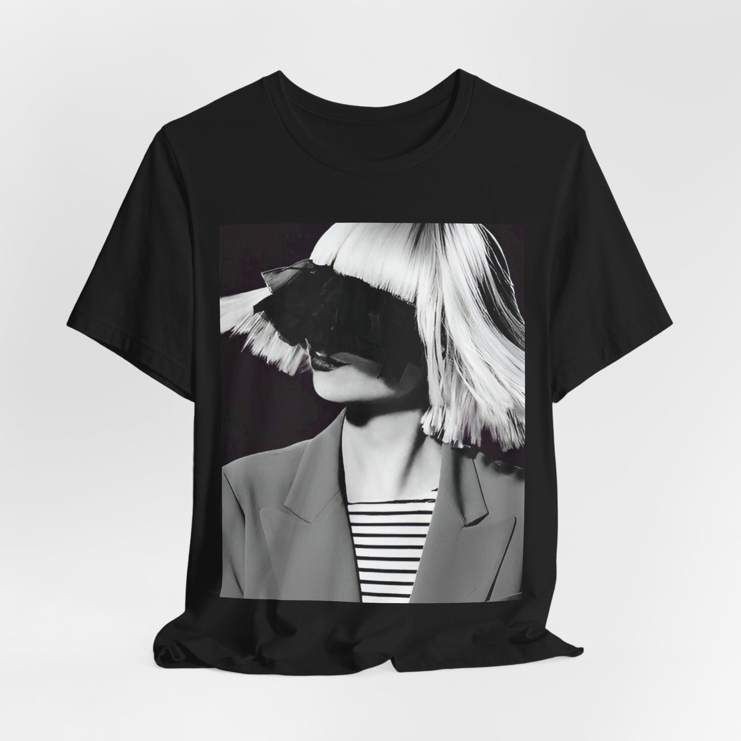 A black graphic t-shirt featuring a black and white portrait photo of Sia.