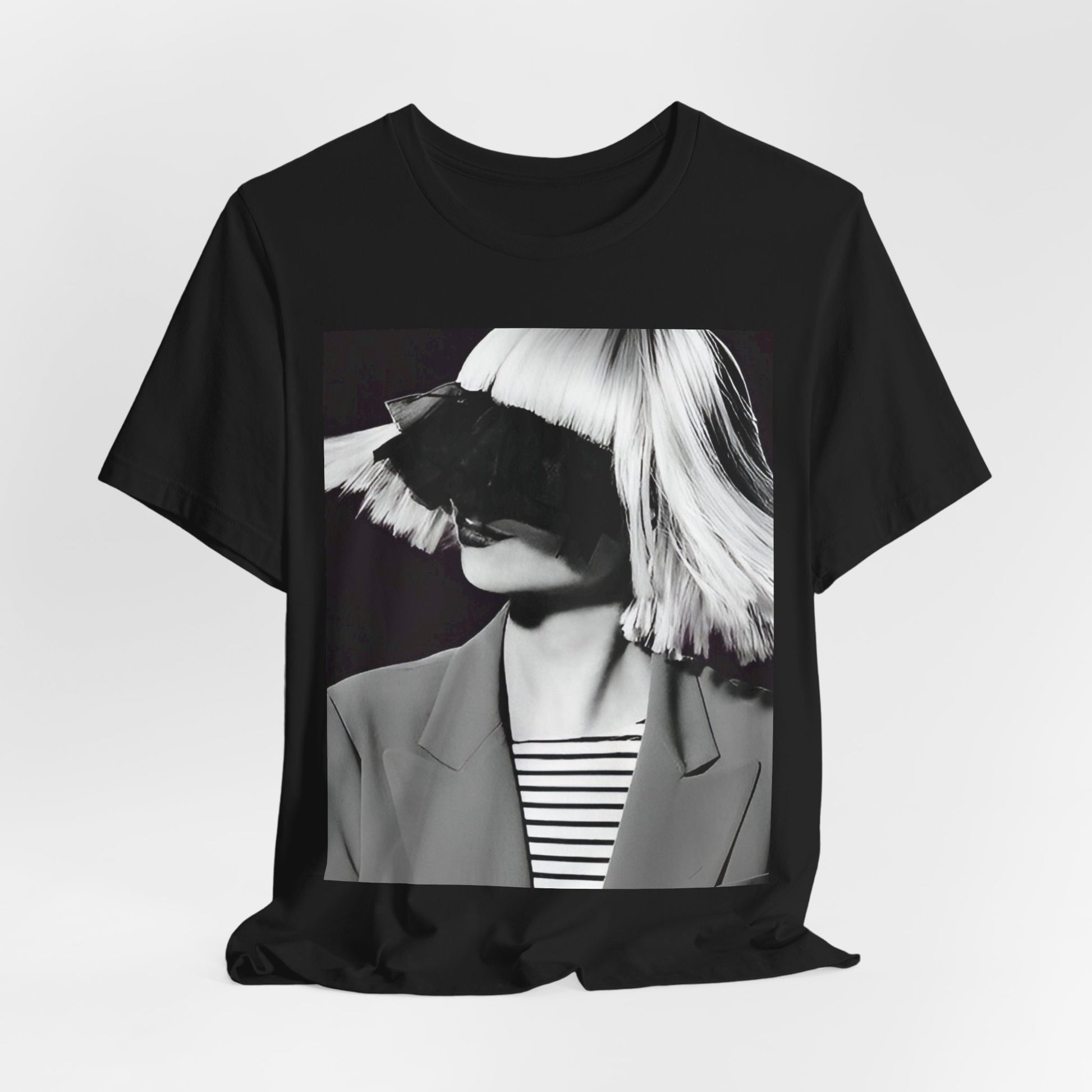 A black graphic t-shirt featuring a black and white portrait photo of Sia.