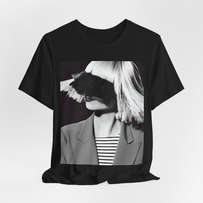 A black graphic t-shirt featuring a black and white portrait photo of Sia.