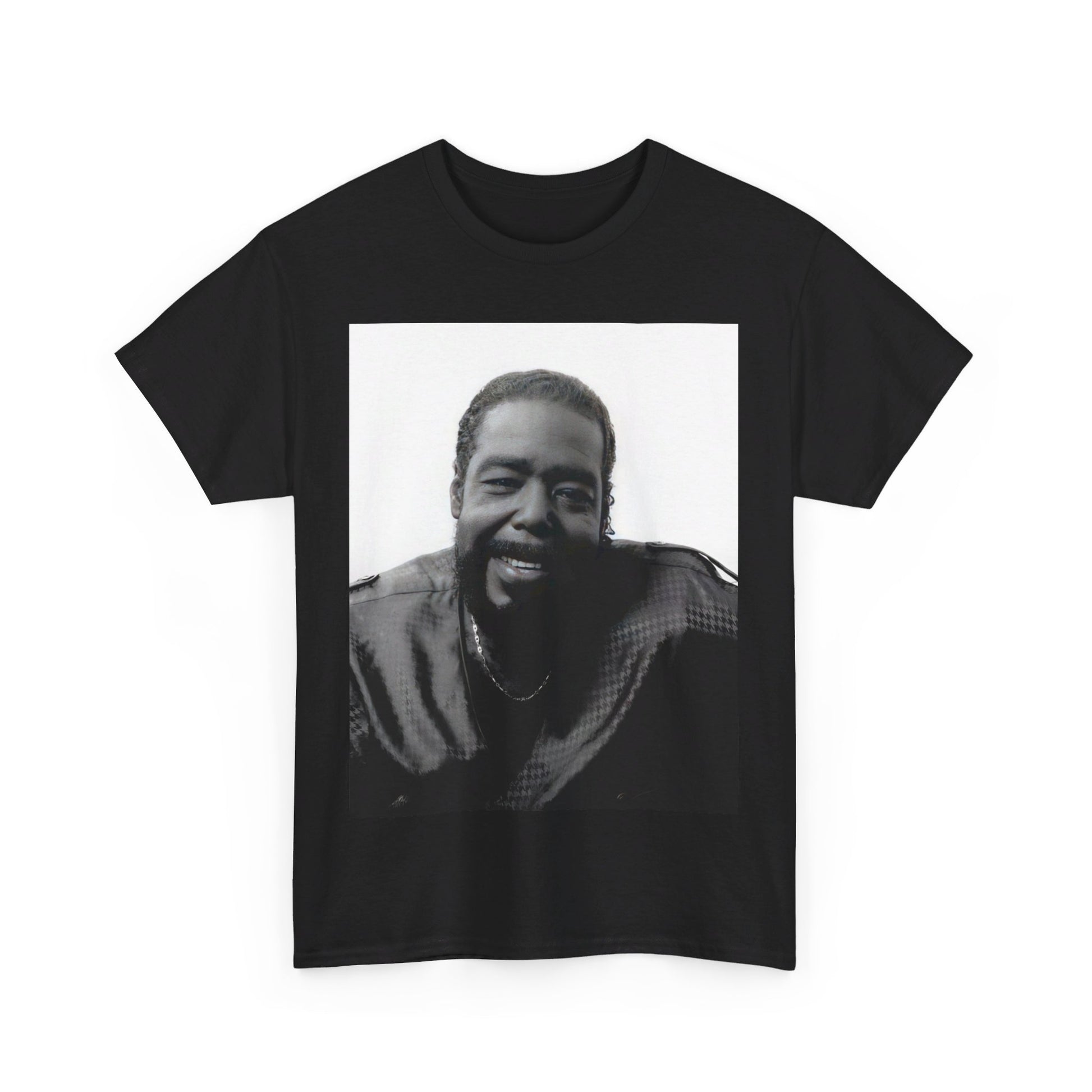 A black graphic t-shirt featuring a black and white photo of Barry White with his iconic smile.