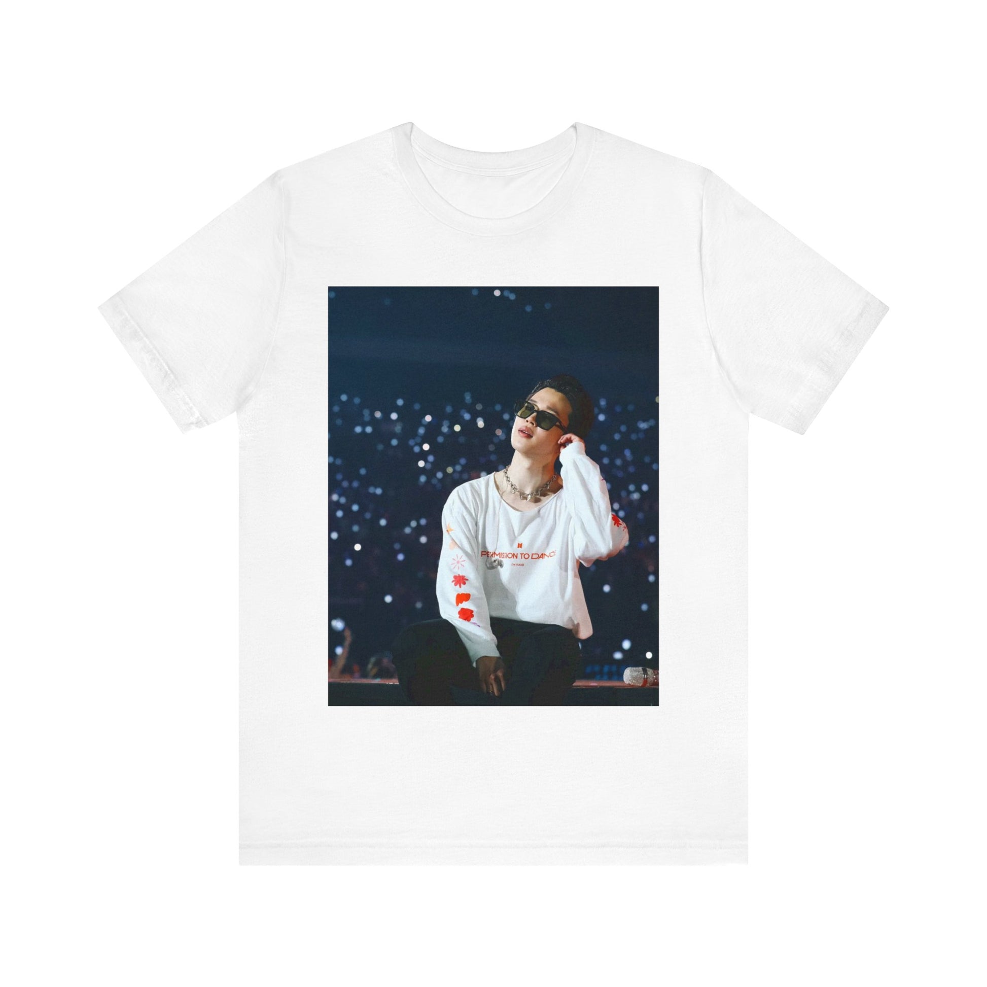 A black graphic t-shirt featuring a vintage aesthetic graphic related to Jimin's 'Lie' era.