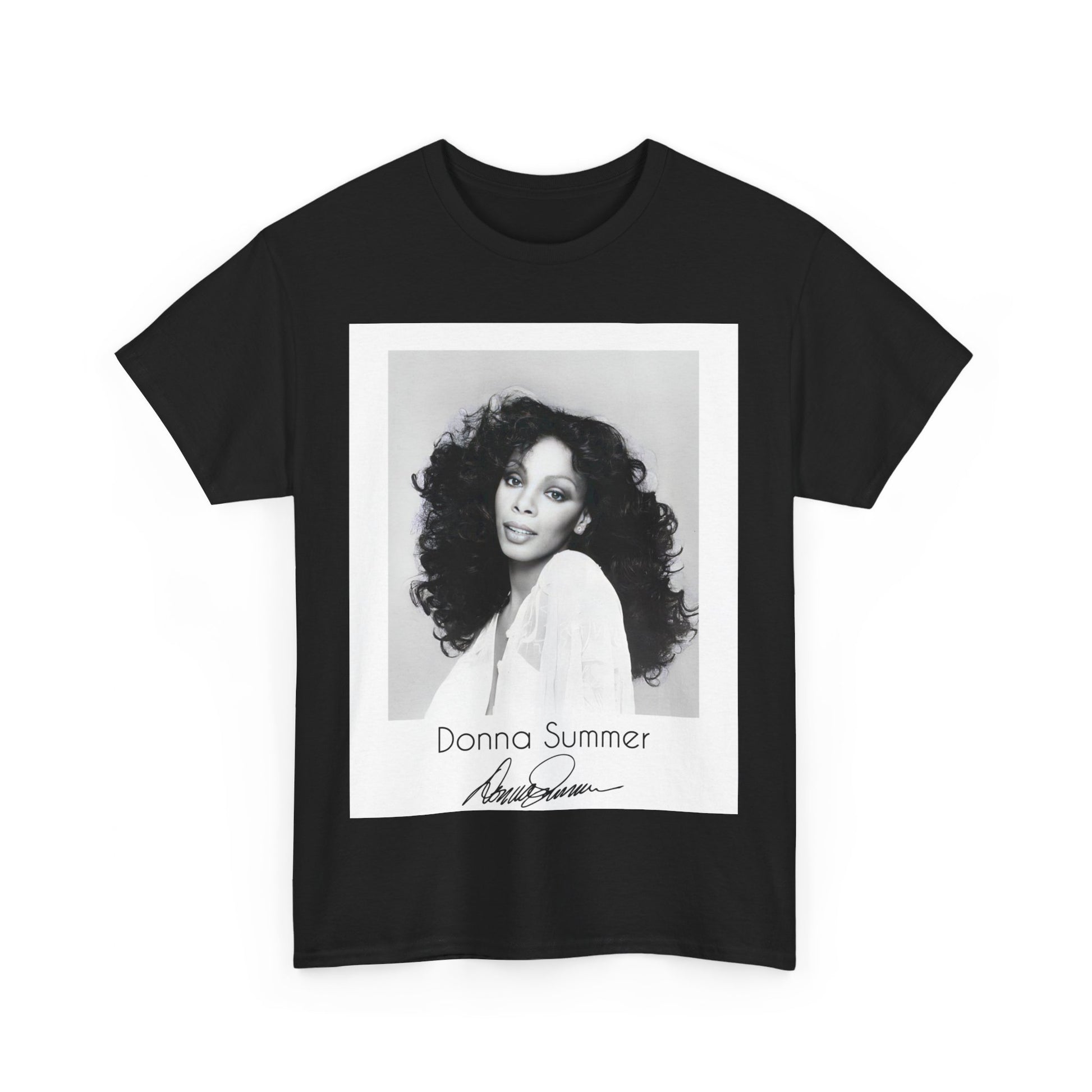 A black graphic t-shirt featuring a portrait of Donna Summer, possibly with her signature or iconic elements.