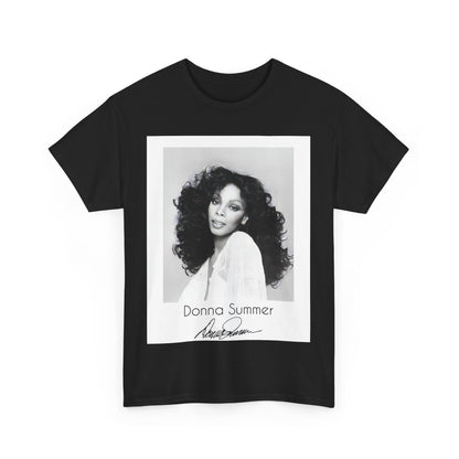 A black graphic t-shirt featuring a portrait of Donna Summer, possibly with her signature or iconic elements.