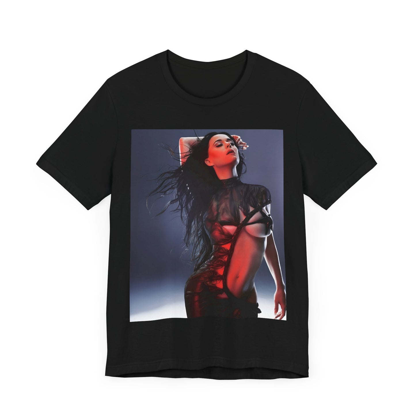 A black graphic t-shirt featuring a dreamy pop fantasy graphic of Katy Perry.