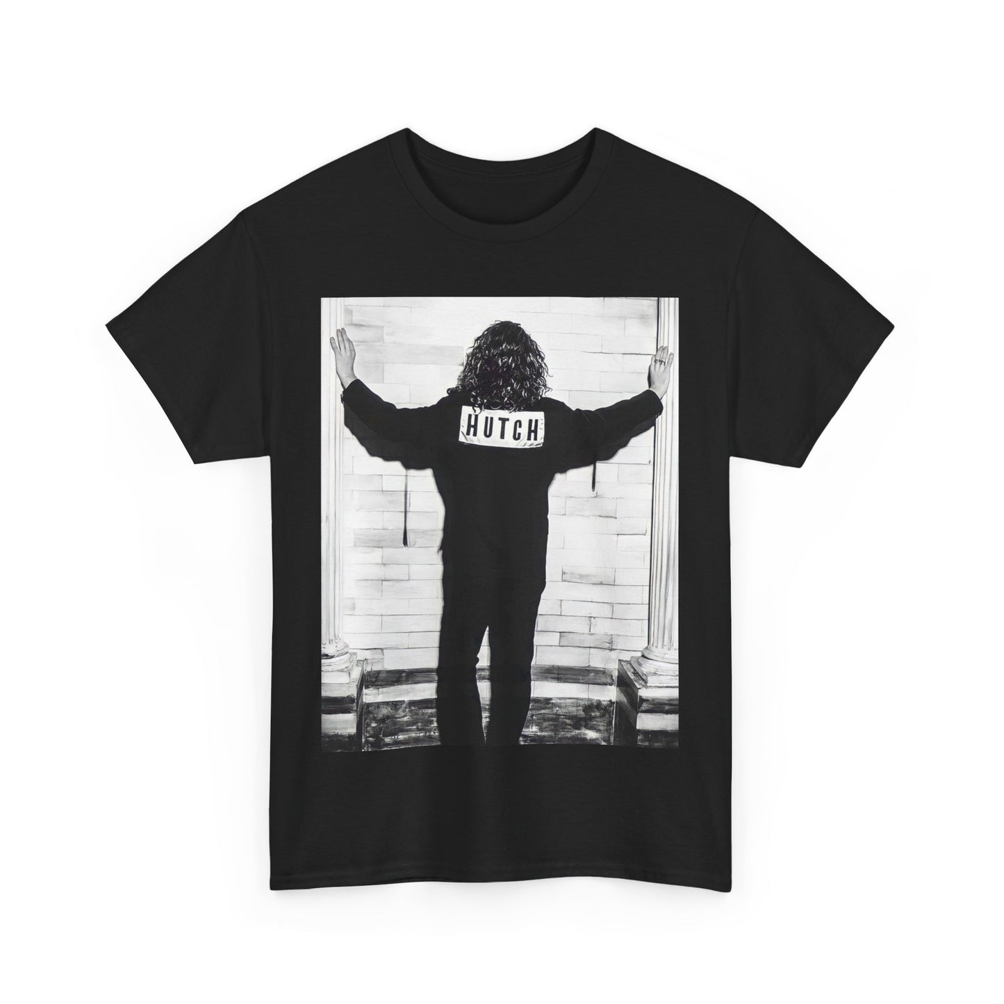 A black graphic t-shirt featuring a graphic of Michael Hutchence from INXS, labeled 'Hutch'.
