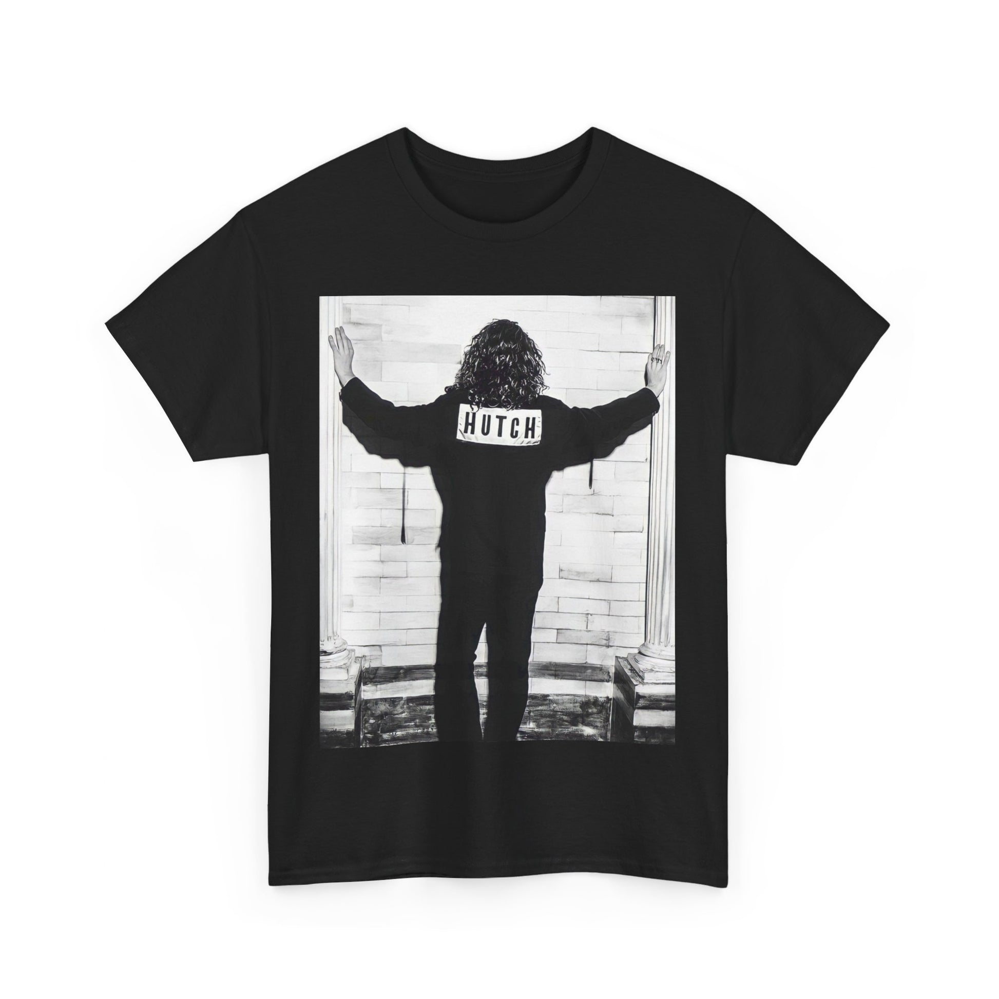 A black graphic t-shirt featuring a graphic of Michael Hutchence from INXS, labeled 'Hutch'.