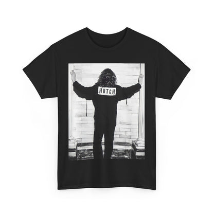 A black graphic t-shirt featuring a graphic of Michael Hutchence from INXS, labeled 'Hutch'.