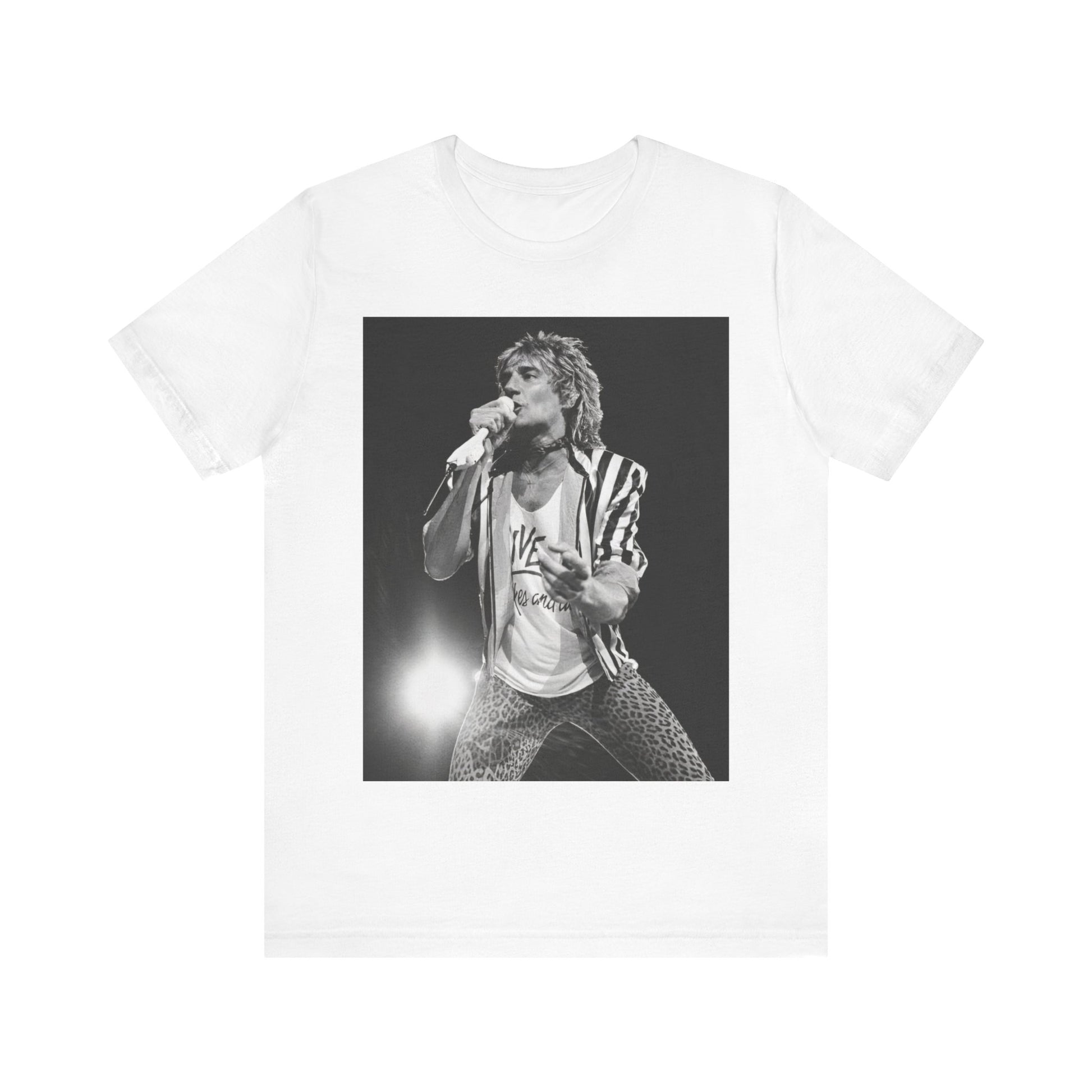 A black graphic t-shirt featuring a black and white portrait photo of Rod Stewart.