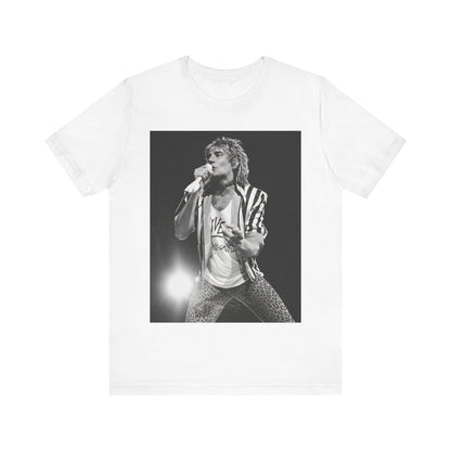 A black graphic t-shirt featuring a black and white portrait photo of Rod Stewart.