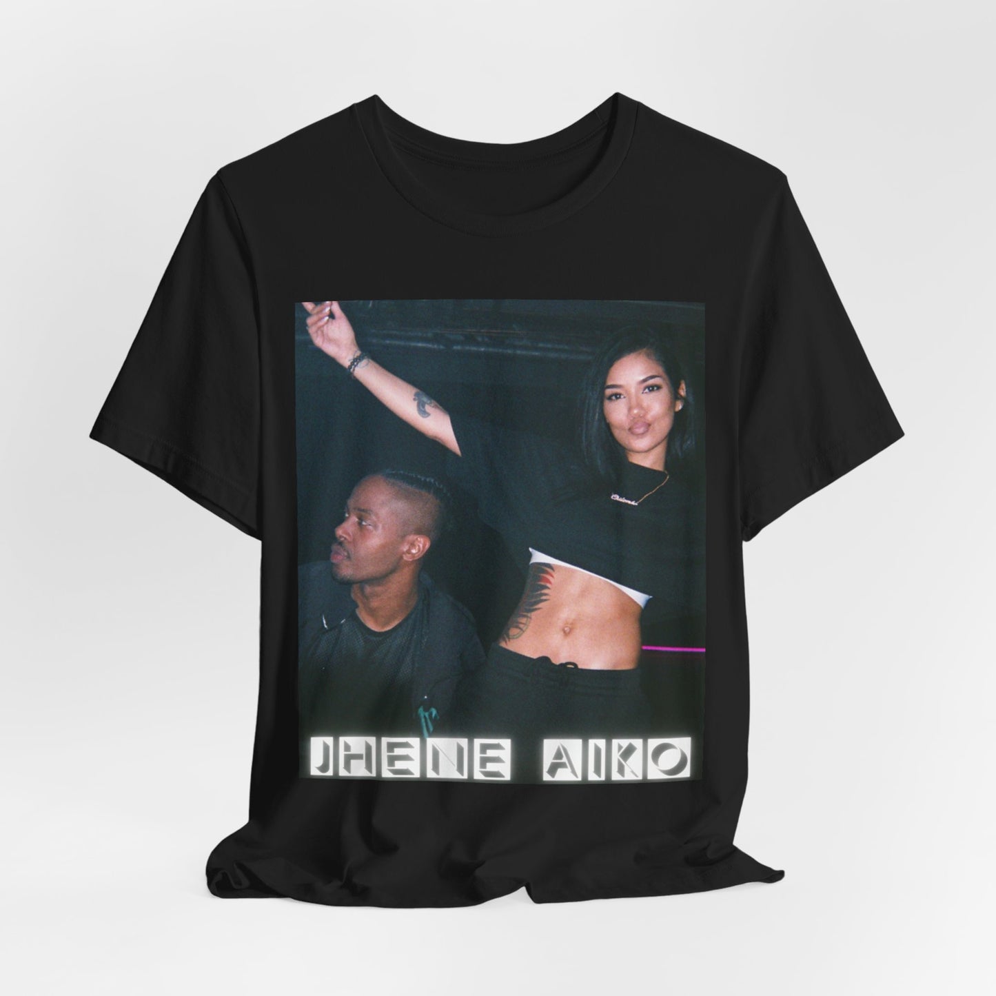 A black graphic t-shirt featuring a retro R&B essential graphic of Jhene Aiko.