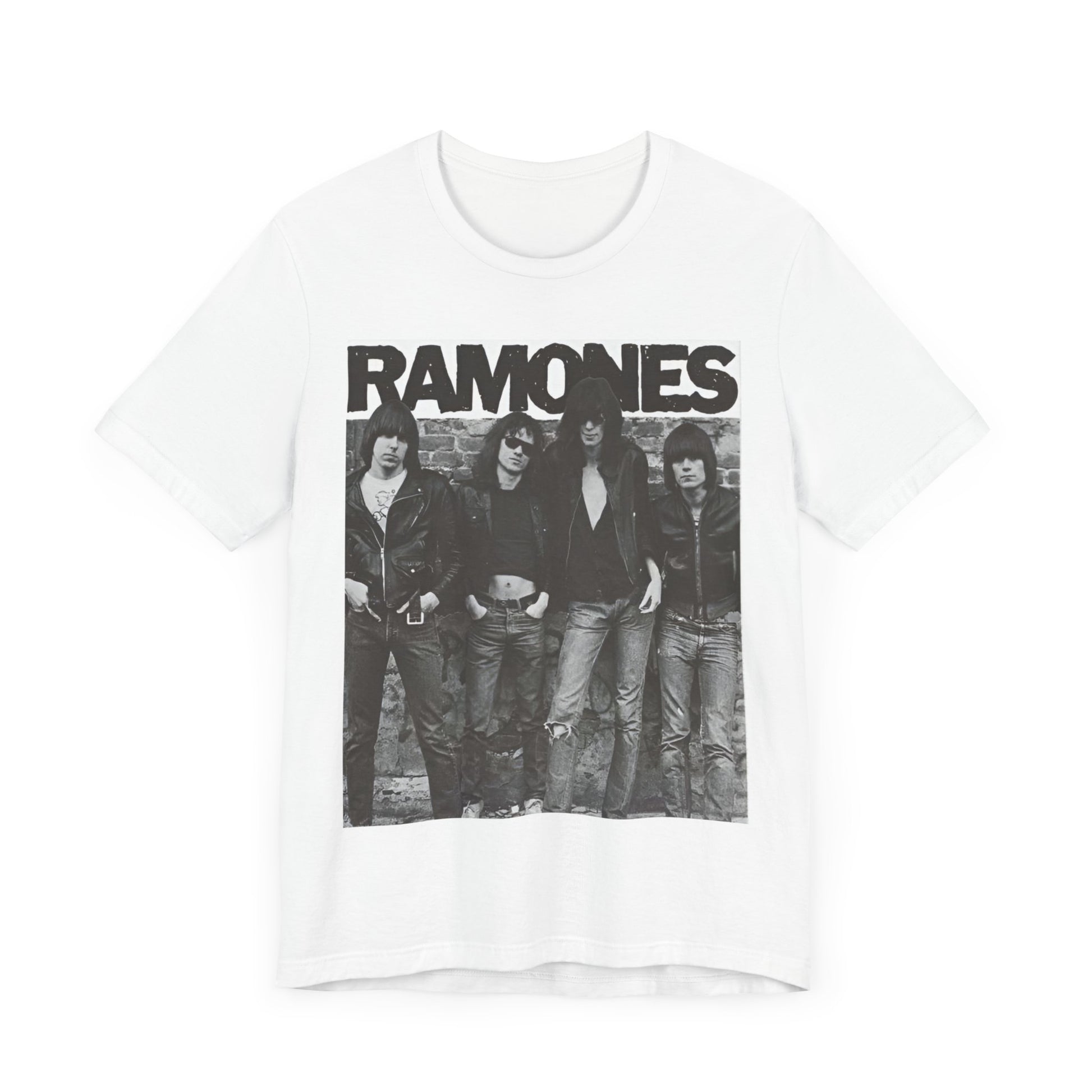 A black graphic t-shirt featuring a 70s vintage punk rock graphic of the Ramones.