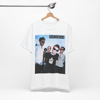 A black graphic t-shirt featuring a vintage alt rock graphic of Radiohead.