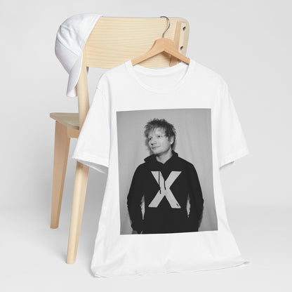 A black graphic t-shirt featuring a black and white graphic related to Ed Sheeran's album 'X'.