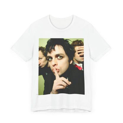 A black graphic t-shirt featuring a vintage punk rock graphic of Green Day.