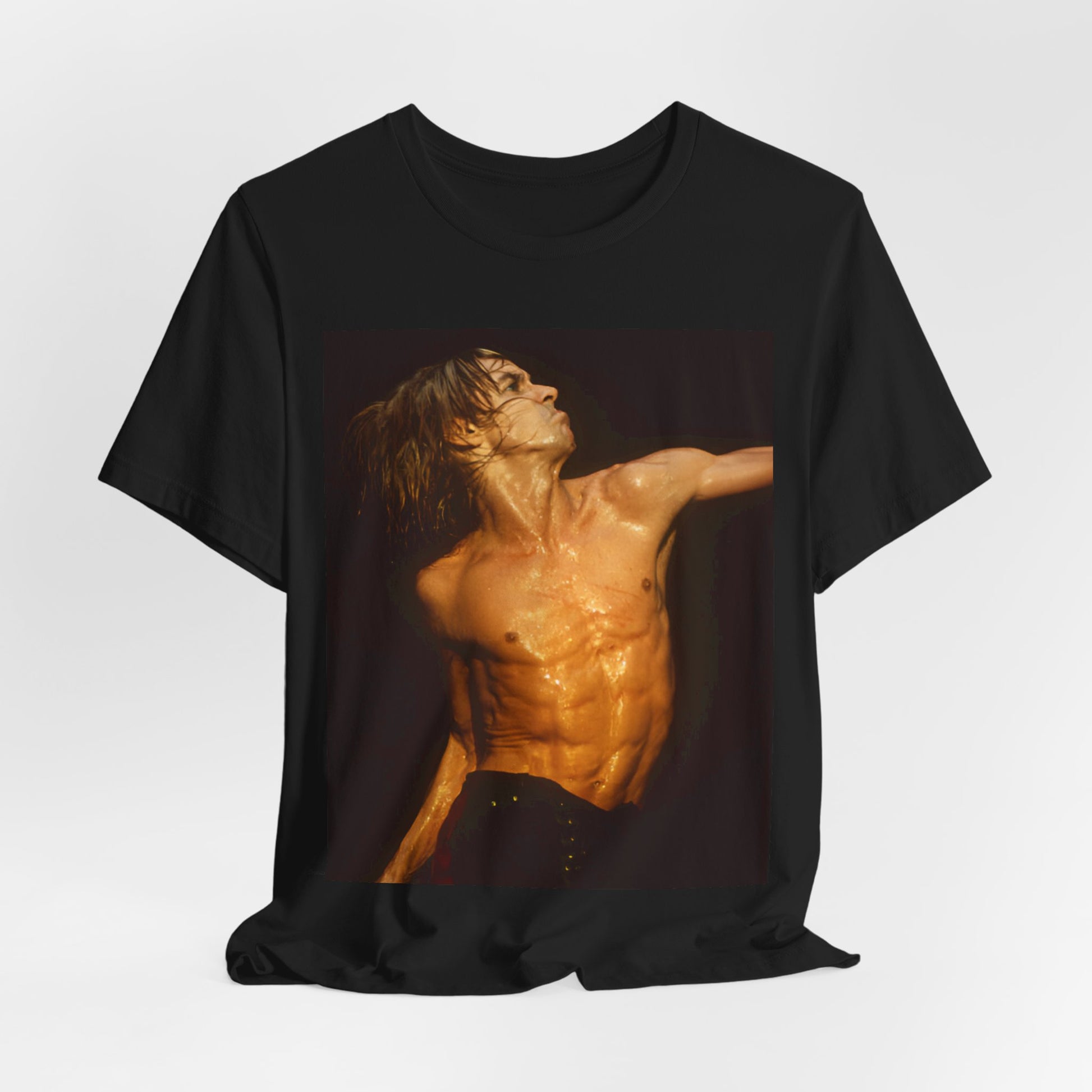 A black graphic t-shirt featuring an iconic photo of Iggy Pop performing live on stage.