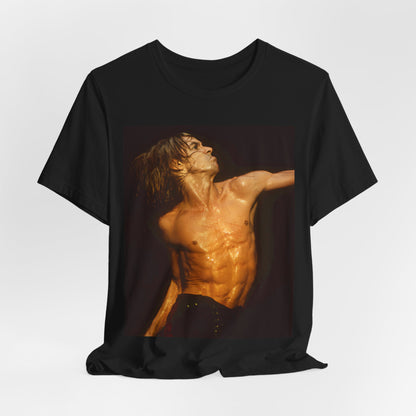 A black graphic t-shirt featuring an iconic photo of Iggy Pop performing live on stage.