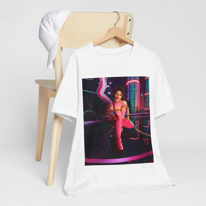 A black graphic t-shirt featuring a graphic related to Cardi B's "WAP" song or era.