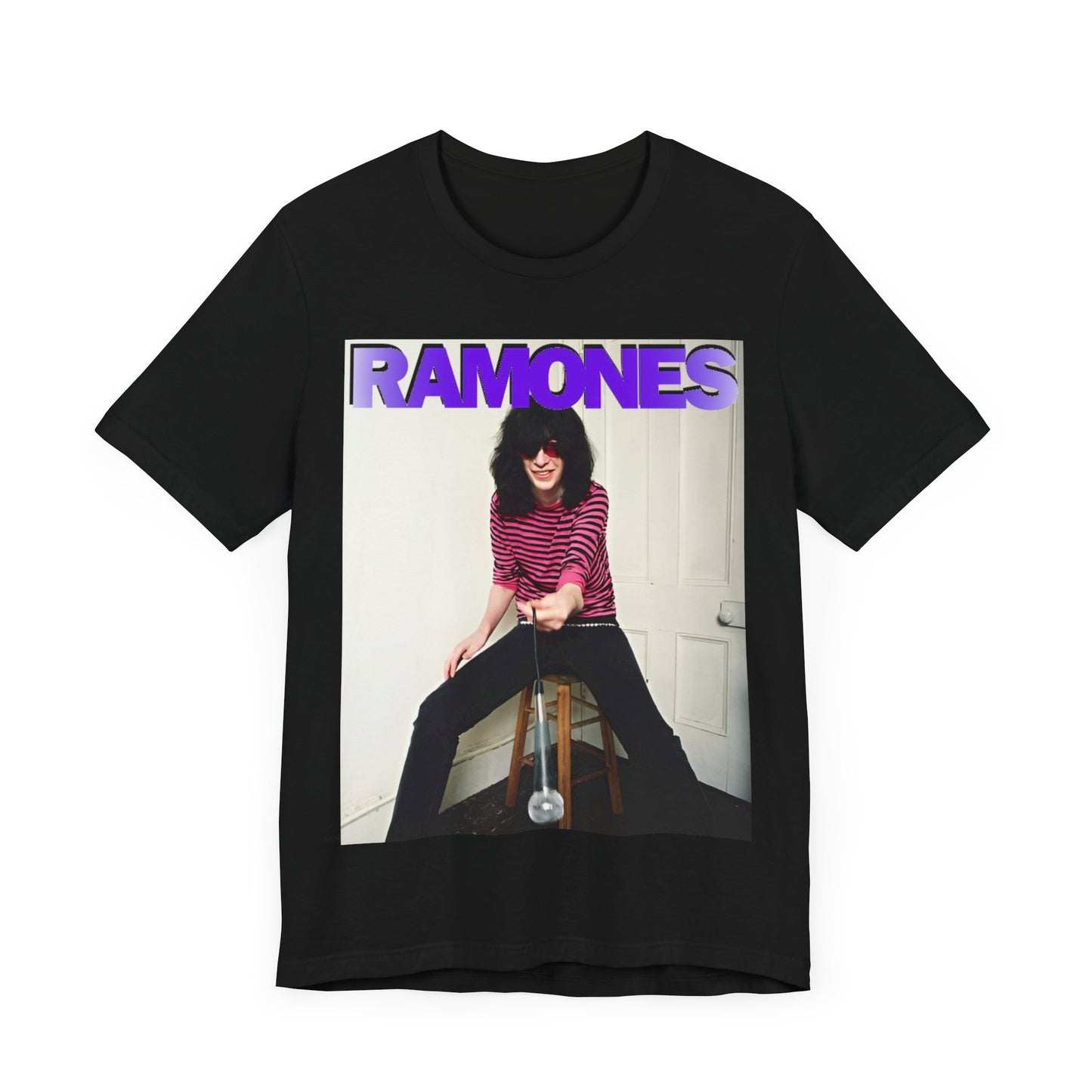 A black graphic t-shirt featuring a casual punk fan graphic of the Ramones.