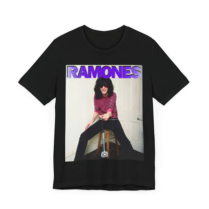 A black graphic t-shirt featuring a casual punk fan graphic of the Ramones.