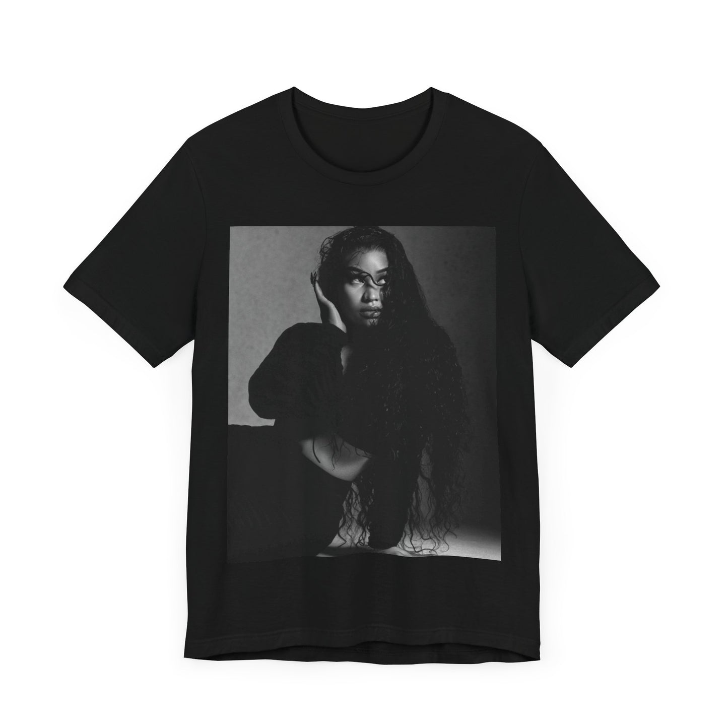 A black graphic t-shirt featuring a black and white graphic or photo of Nicki Minaj as a glamour queen.