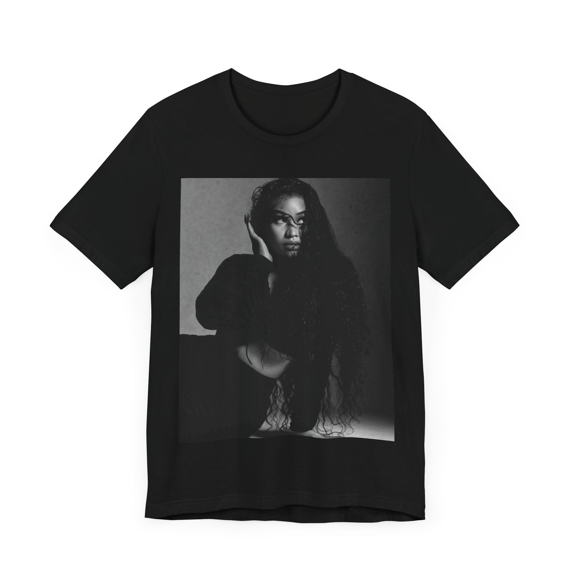 A black graphic t-shirt featuring a black and white graphic or photo of Nicki Minaj as a glamour queen.
