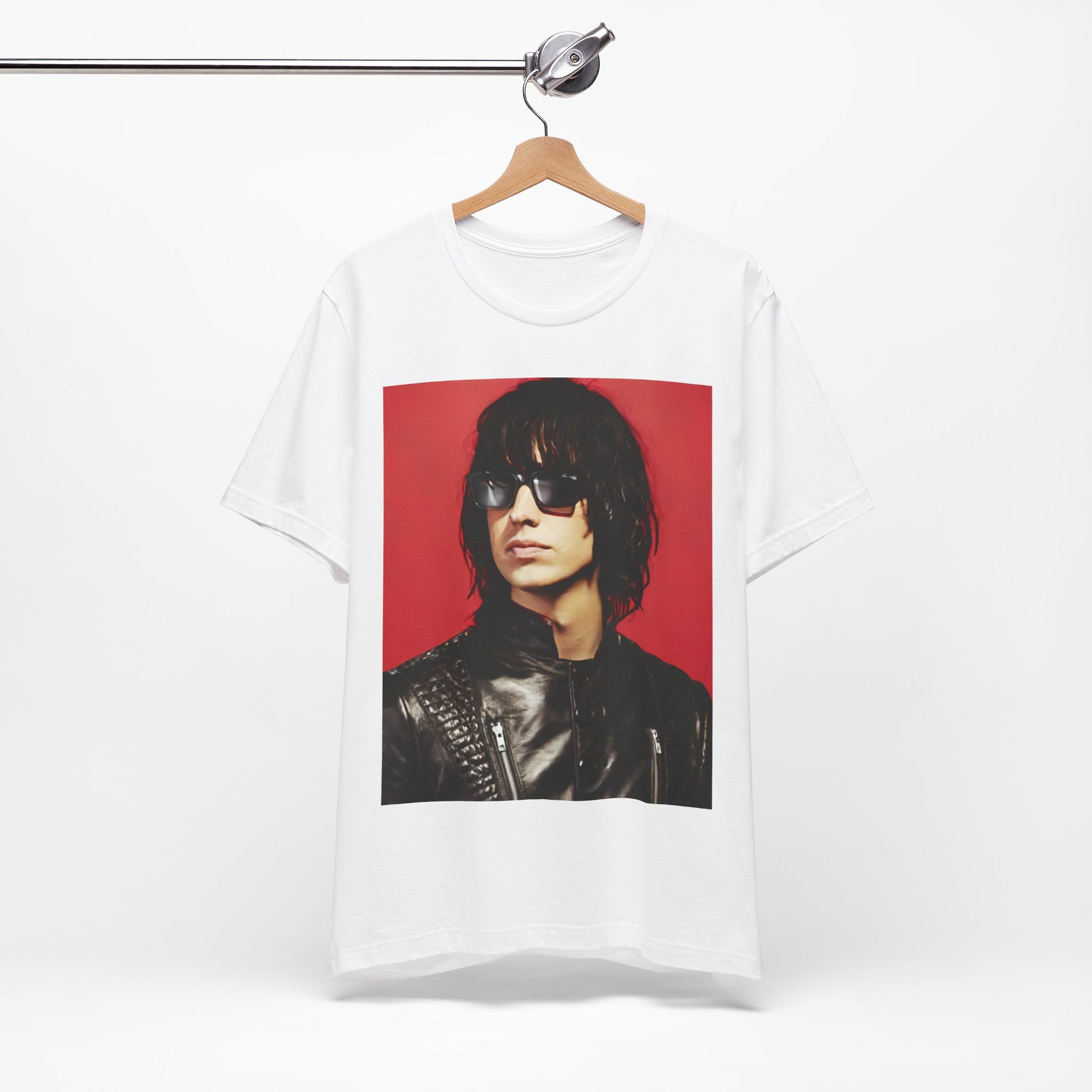 A black graphic t-shirt featuring a 2000s indie aesthetic graphic of Julian Casablancas from The Strokes.