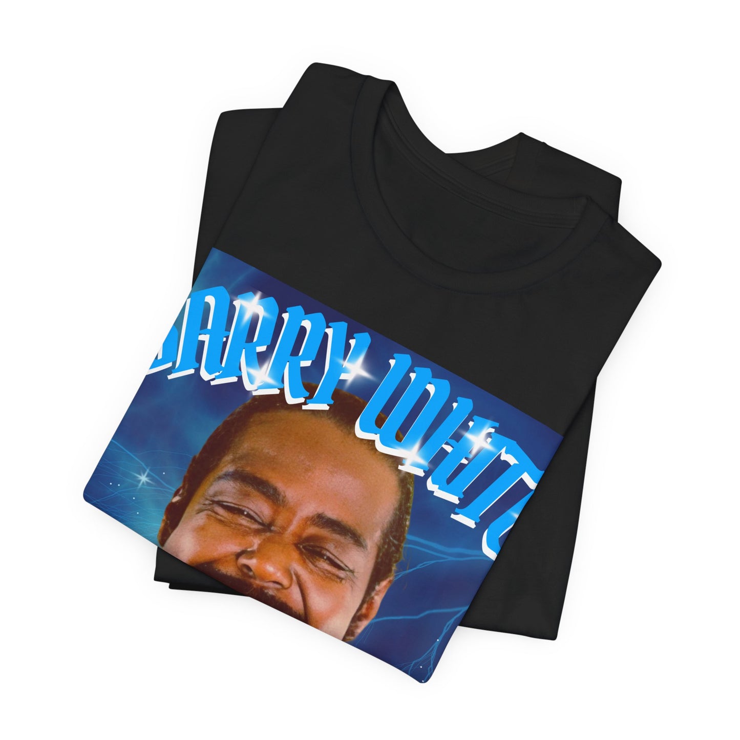 A black graphic t-shirt featuring a vintage 70s-style graphic of Barry White, emphasizing his smooth, iconic look.