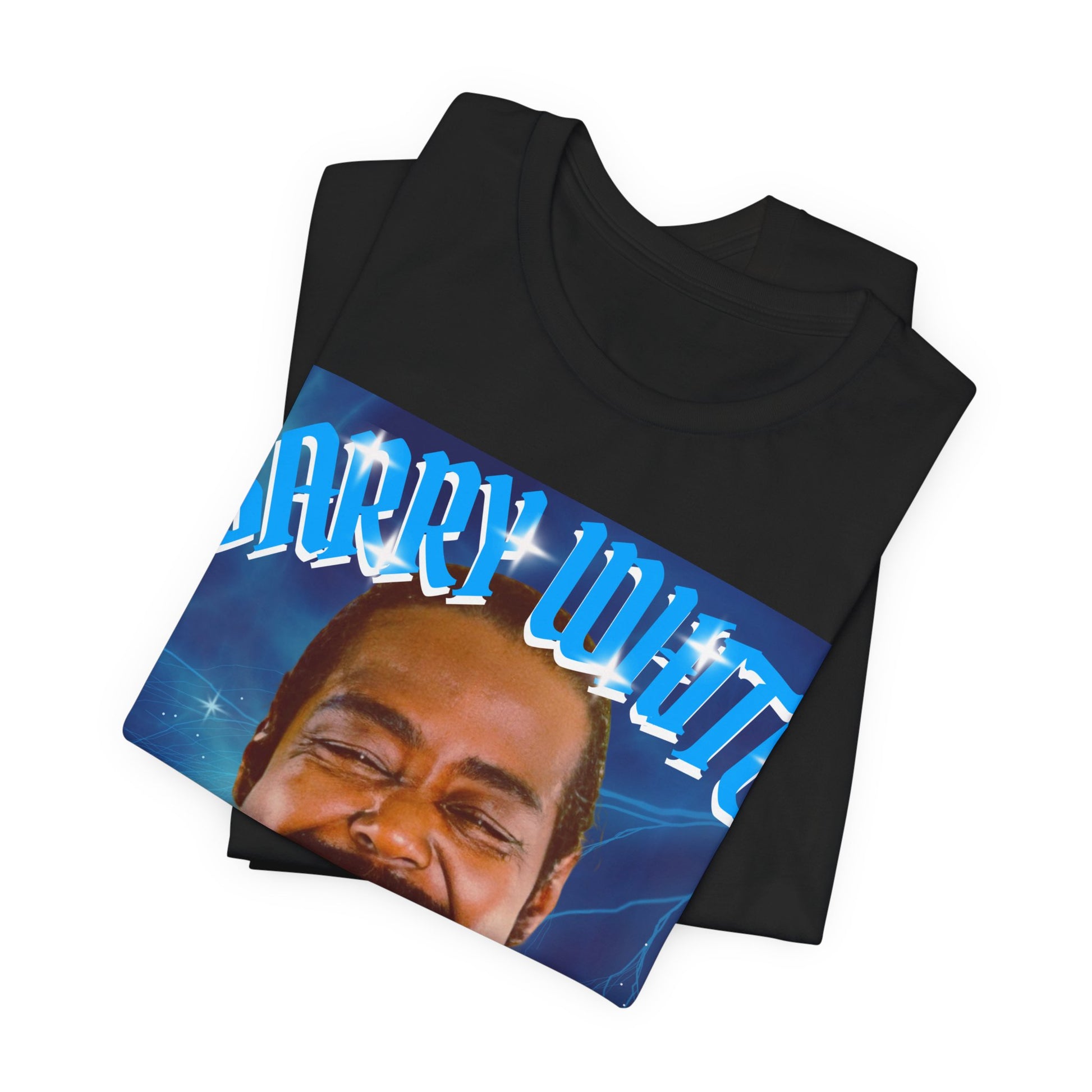 A black graphic t-shirt featuring a vintage 70s-style graphic of Barry White, emphasizing his smooth, iconic look.
