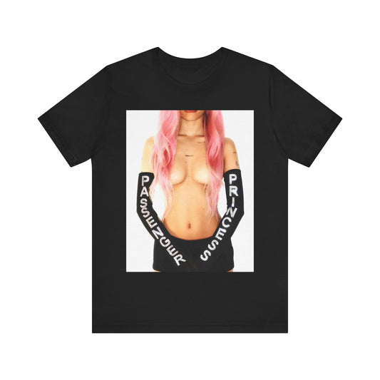 A black graphic t-shirt featuring a graphic of Nessa Barrett with a 'Passenger Princess' theme.